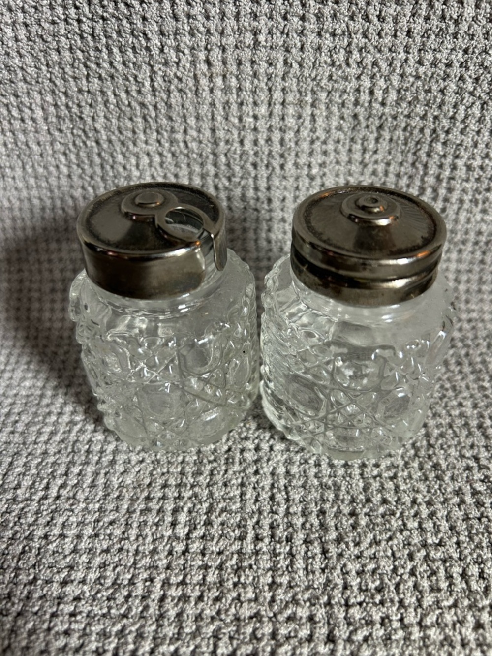 Vintage Clear Glass Salt and Pepper Shakers with Silver Tops